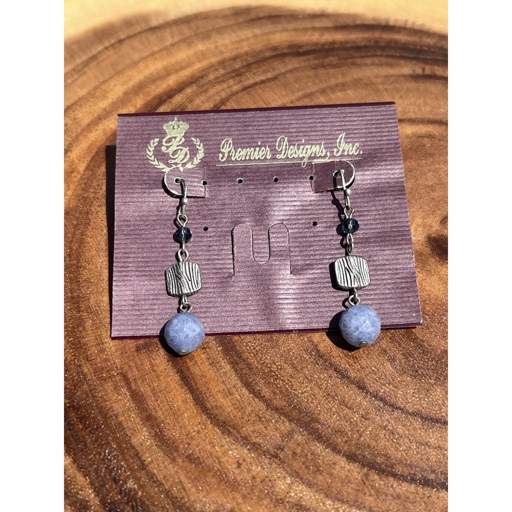Premier Designs Silver Tone Blue Bead Dangle Drop Earrings Blue Crystal Accent